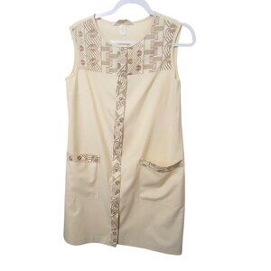 Vtg 70s Komar Snap House Coat Small Sleeveless Tan Brown Geometric Pattern Chore